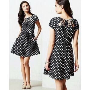 Anthro Maeve Nicola Fit Flare Scoop Neck Black White Polka Dot Mini Dress 2 XS